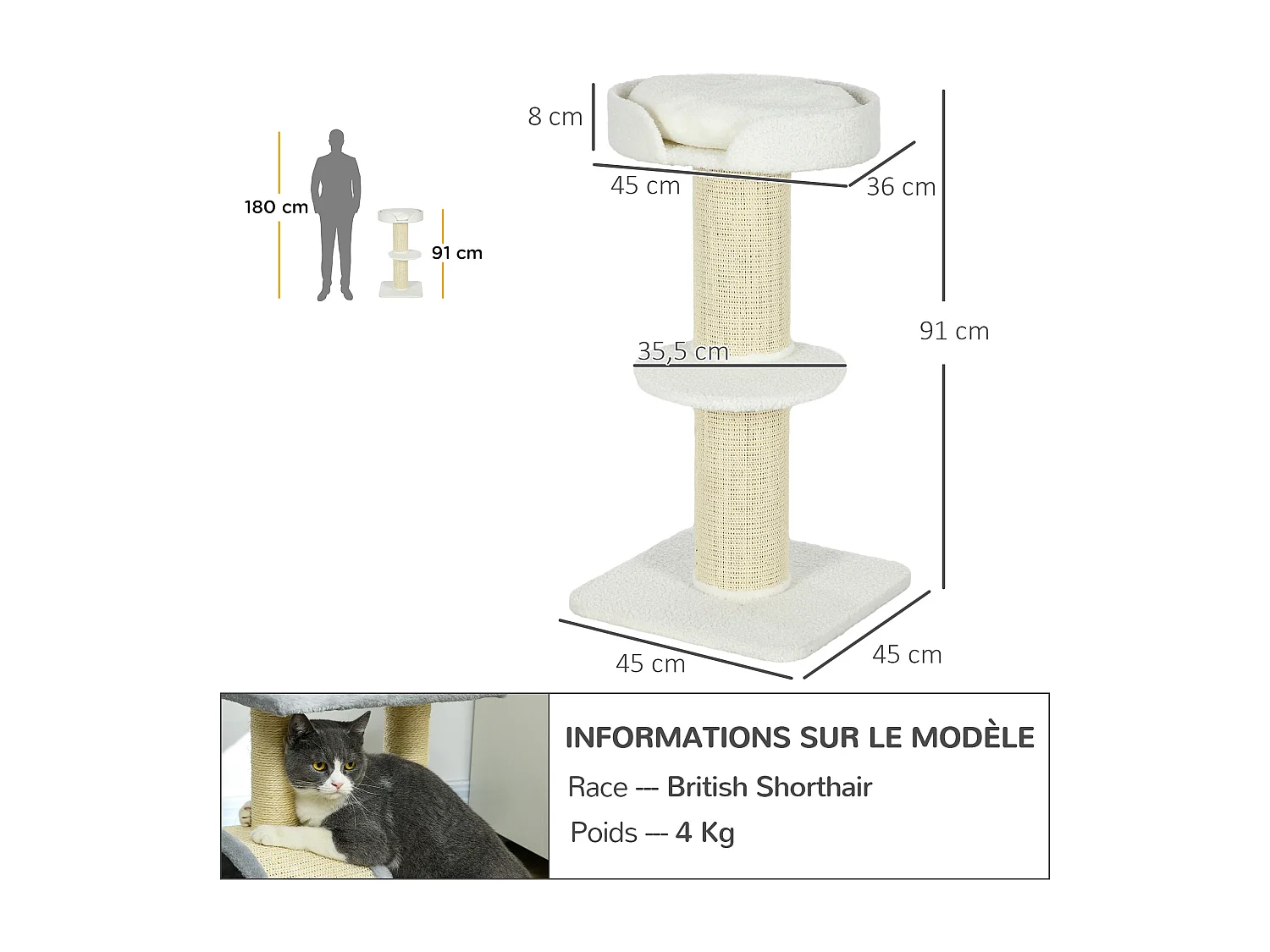 Arbre à chat avec griffoir centre d'activités 2 plateformes coussin crème