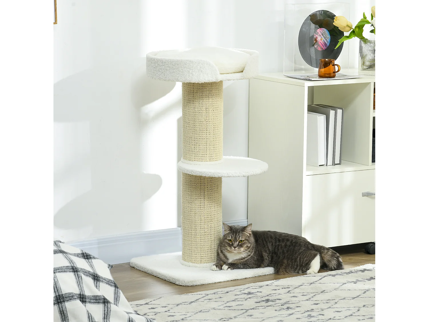 Arbre à chat avec griffoir centre d'activités 2 plateformes coussin crème