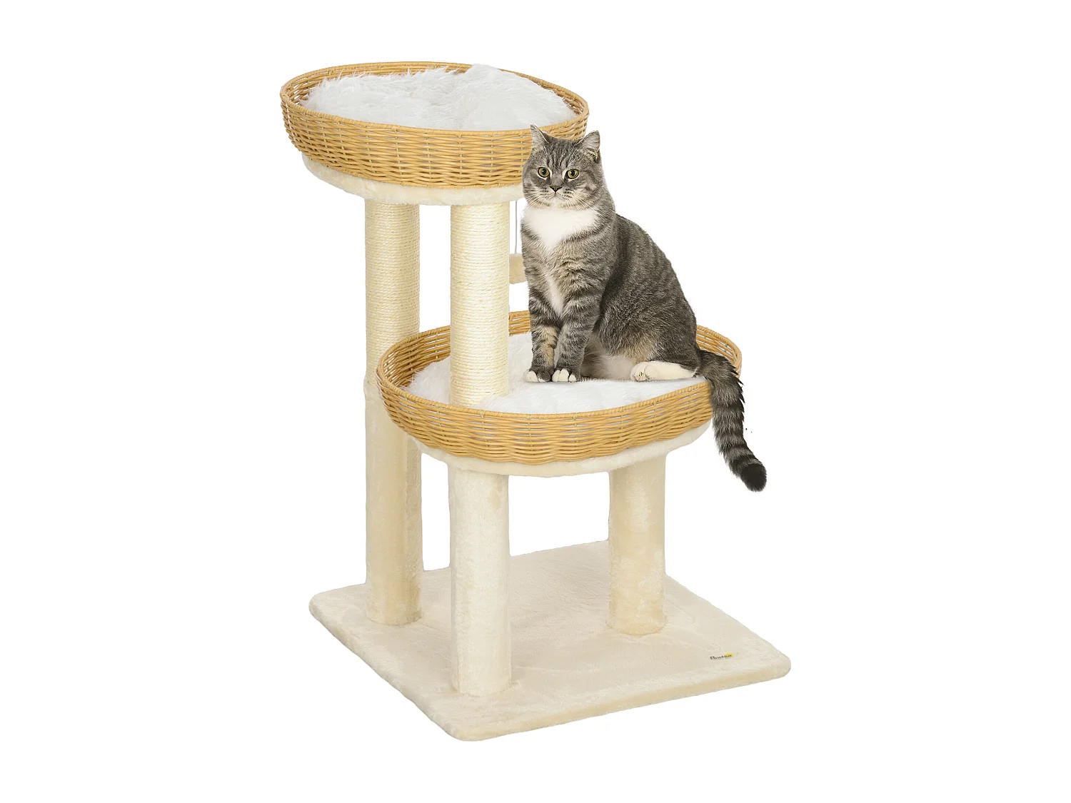 Arbre à chat style bohème aspect rotin tressé - griffoirs, 2 paniers coussins effet fourrure, balle suspendue - beige