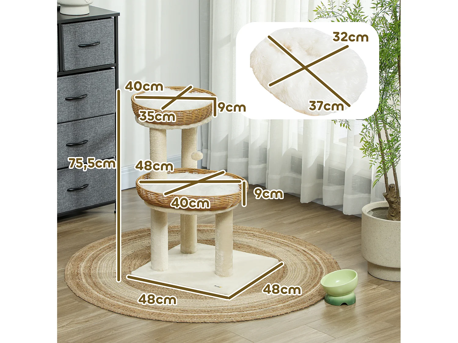 Arbre à chat style bohème aspect rotin tressé - griffoirs, 2 paniers coussins effet fourrure, balle suspendue - beige