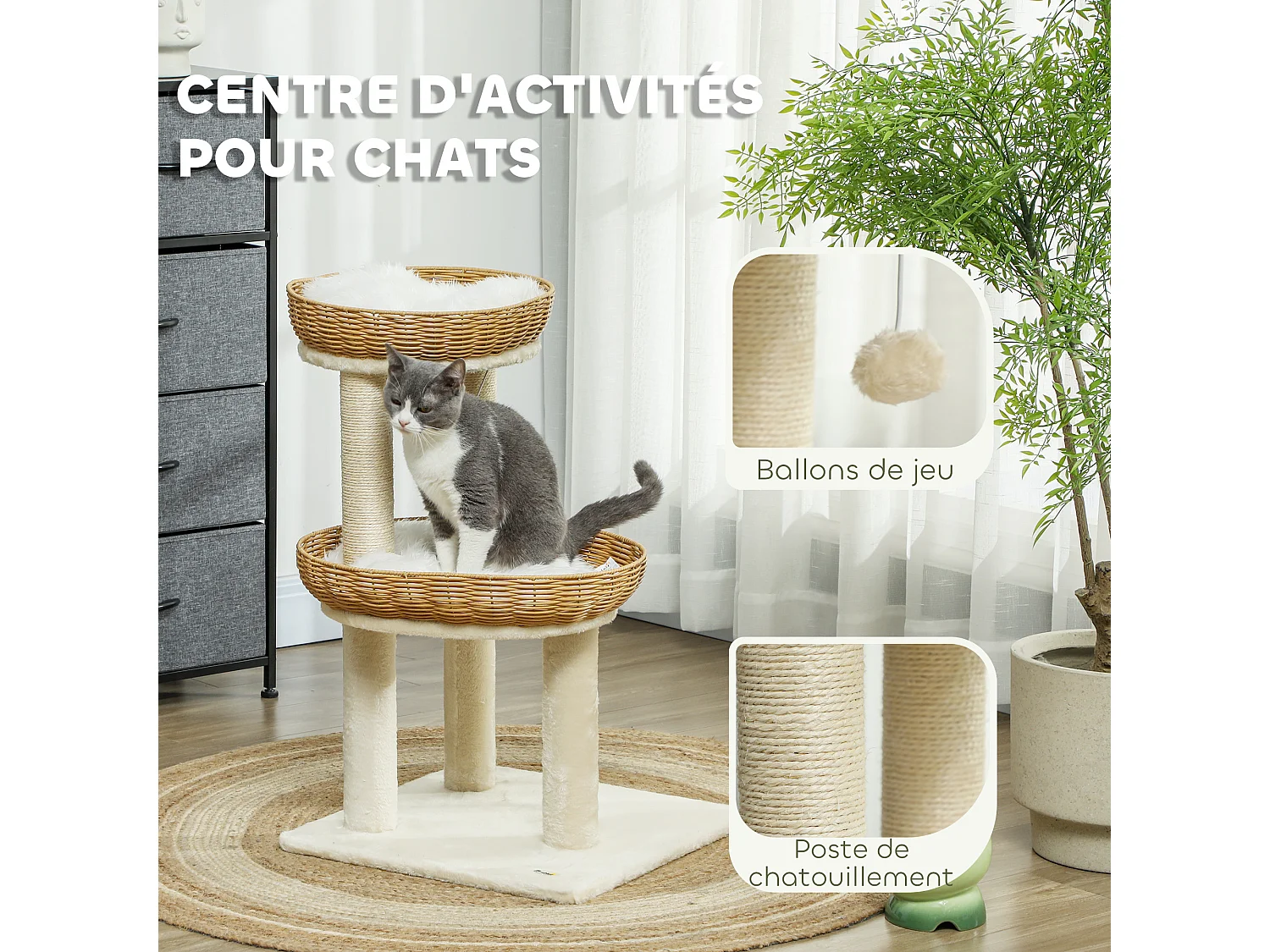 Arbre à chat style bohème aspect rotin tressé - griffoirs, 2 paniers coussins effet fourrure, balle suspendue - beige