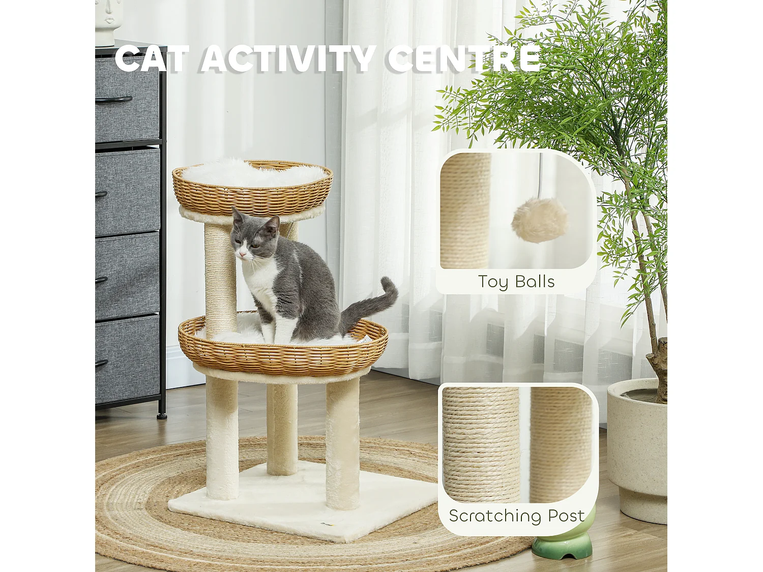 Arbre à chat style bohème aspect rotin tressé - griffoirs, 2 paniers coussins effet fourrure, balle suspendue - beige