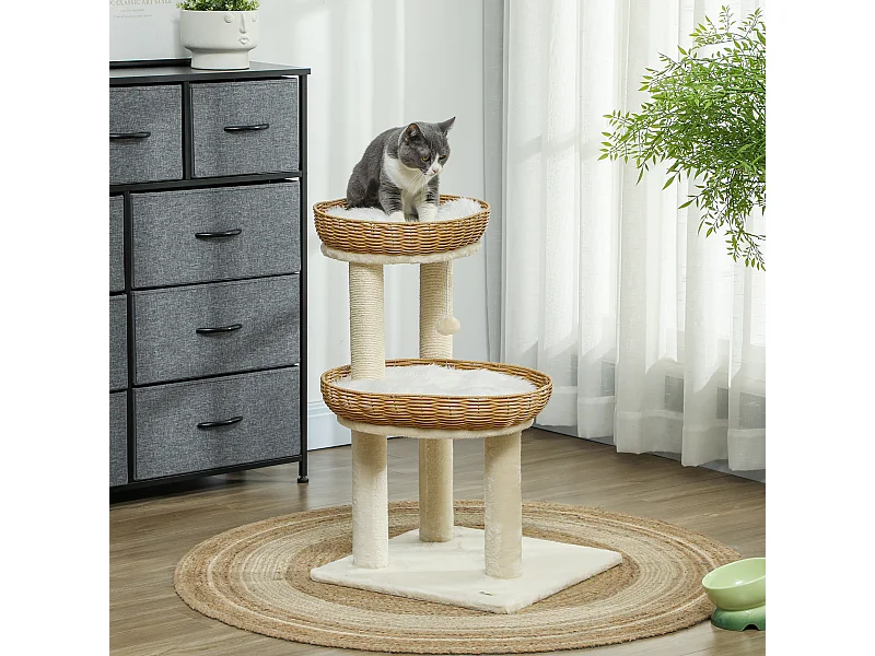 Arbre à chat style bohème aspect rotin tressé - griffoirs, 2 paniers coussins effet fourrure, balle suspendue - beige