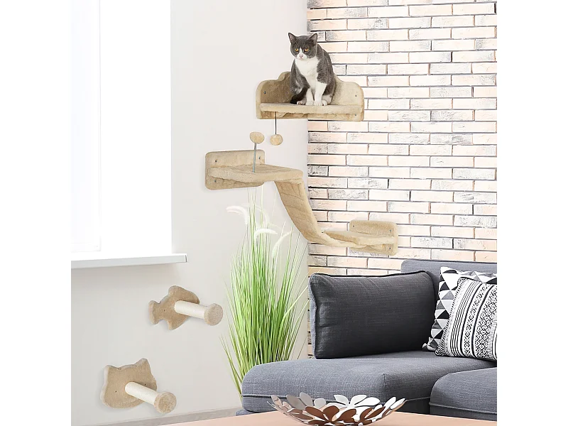 Arbre à chat mural - étagères murales chat - parcours mural 4 pièces - beige