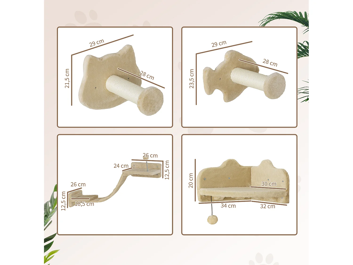 Arbre à chat mural - étagères murales chat - parcours mural 4 pièces - beige