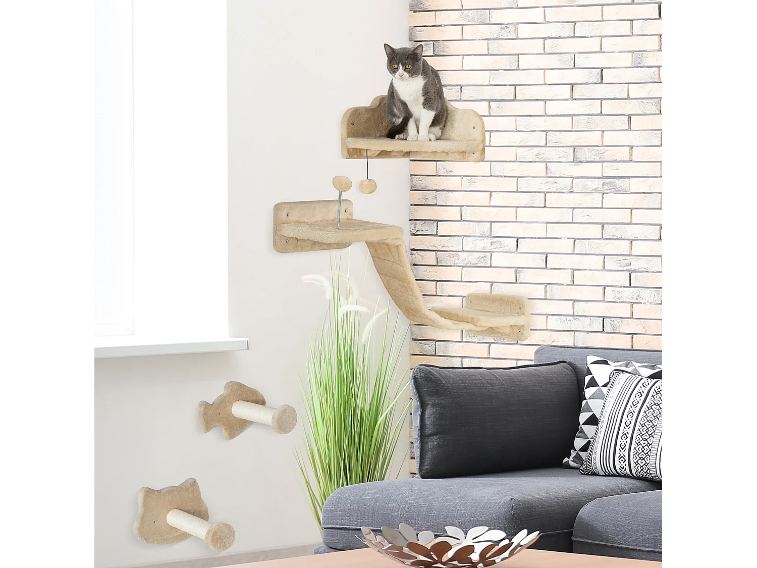 Arbre à chat mural - étagères murales chat - parcours mural 4 pièces - beige