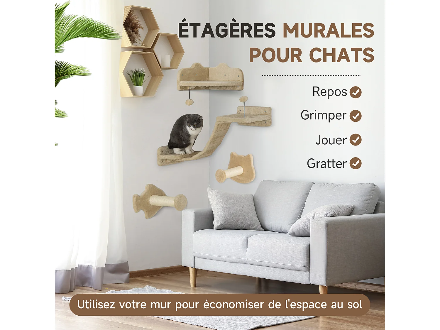 Arbre à chat mural - étagères murales chat - parcours mural 4 pièces - beige