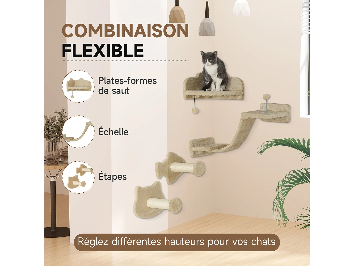 Arbre à chat mural - étagères murales chat - parcours mural 4 pièces - beige