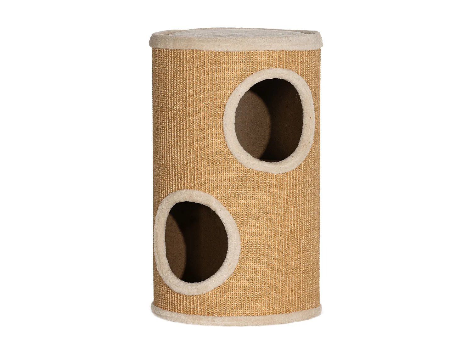 Arbre à chat cylindrique - tour à griffer pour chat - tonneau griffoir - 2 niches + plateforme - sisal peluche beige