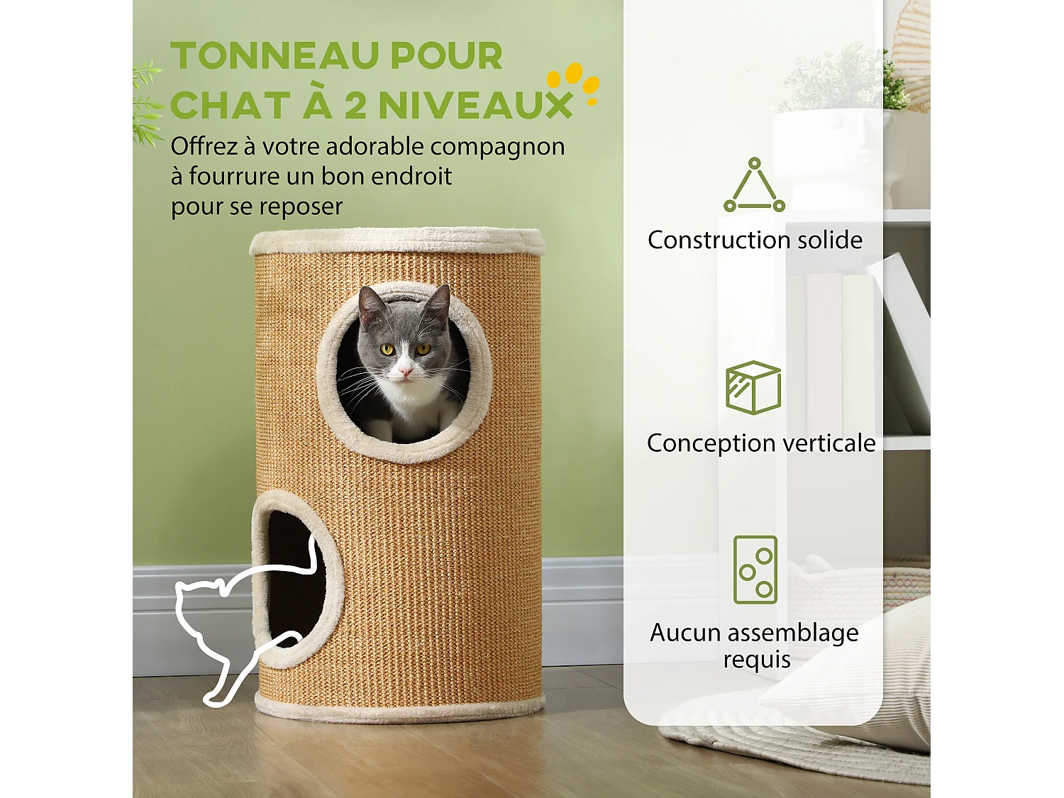 Arbre à chat cylindrique - tour à griffer pour chat - tonneau griffoir - 2 niches + plateforme - sisal peluche beige