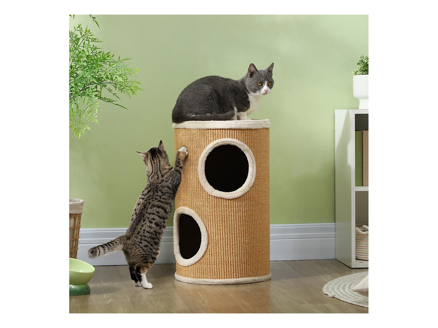 Arbre à chat cylindrique - tour à griffer pour chat - tonneau griffoir - 2 niches + plateforme - sisal peluche beige