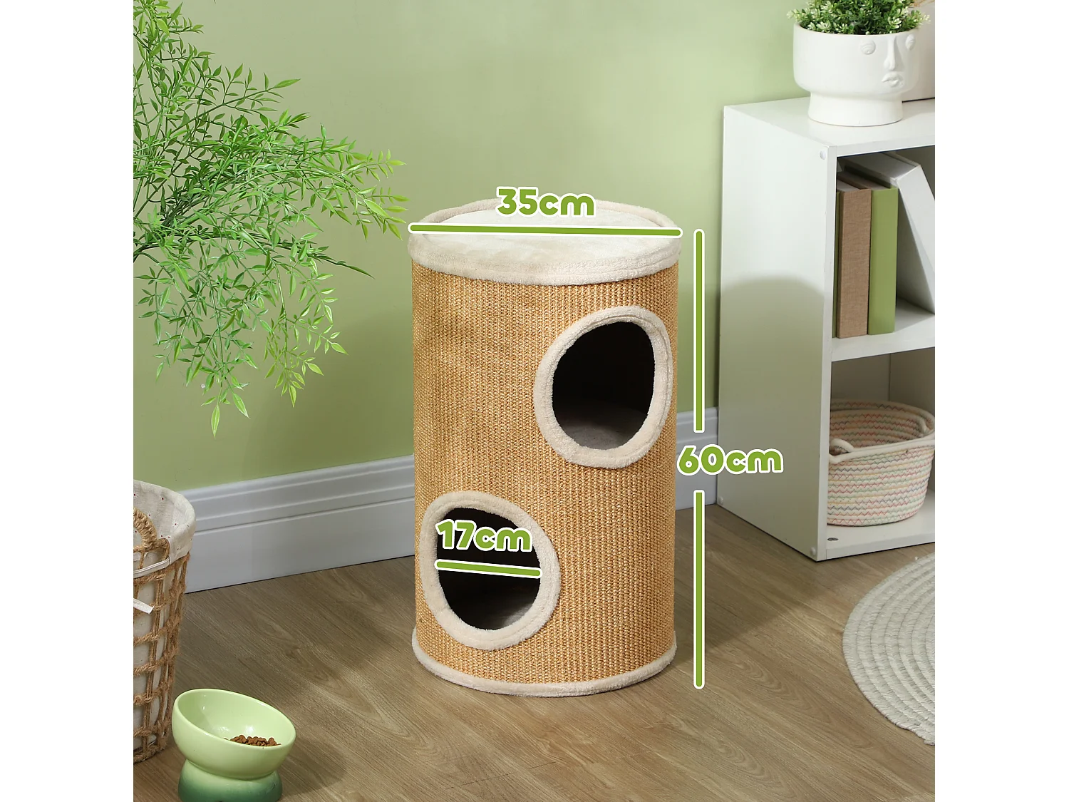 Arbre à chat cylindrique - tour à griffer pour chat - tonneau griffoir - 2 niches + plateforme - sisal peluche beige