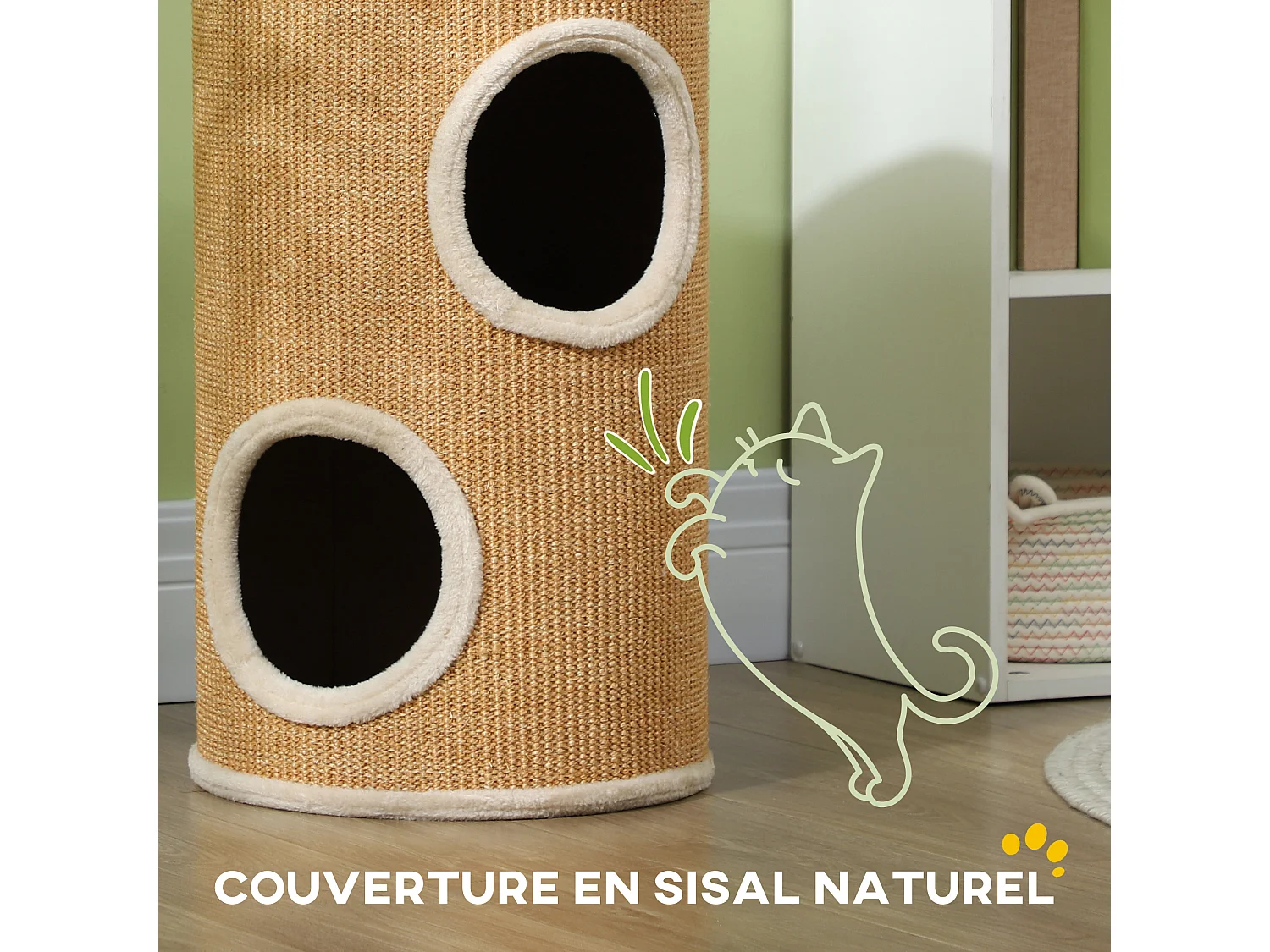 Arbre à chat cylindrique - tour à griffer pour chat - tonneau griffoir - 2 niches + plateforme - sisal peluche beige