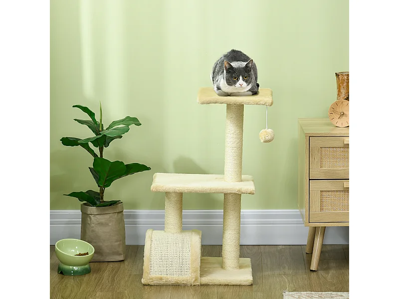 Arbre à chat griffoir grattoir design jeu boule suspendue 2 plateformes peluche sisal naturel crème