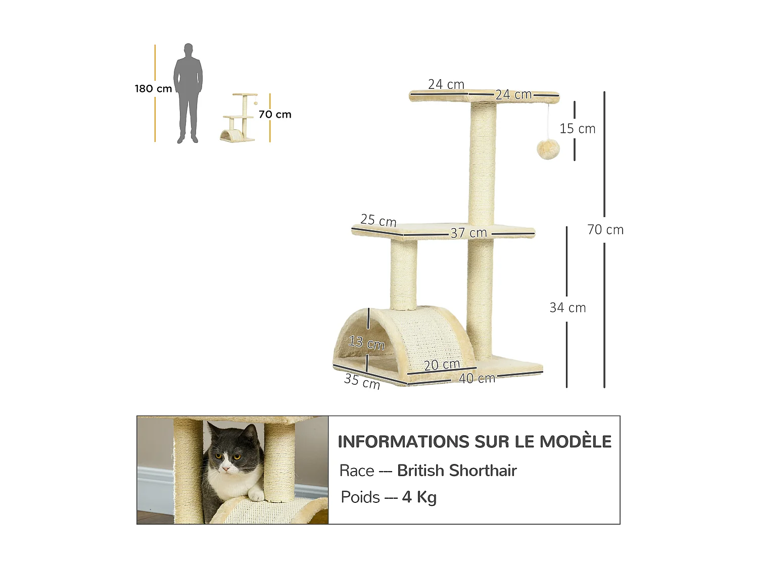 Arbre à chat griffoir grattoir design jeu boule suspendue 2 plateformes peluche sisal naturel crème