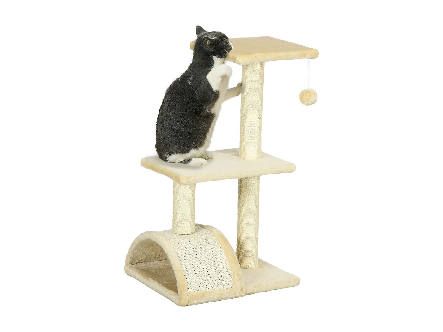 Arbre à chat griffoir grattoir design jeu boule suspendue 2 plateformes peluche sisal naturel crème