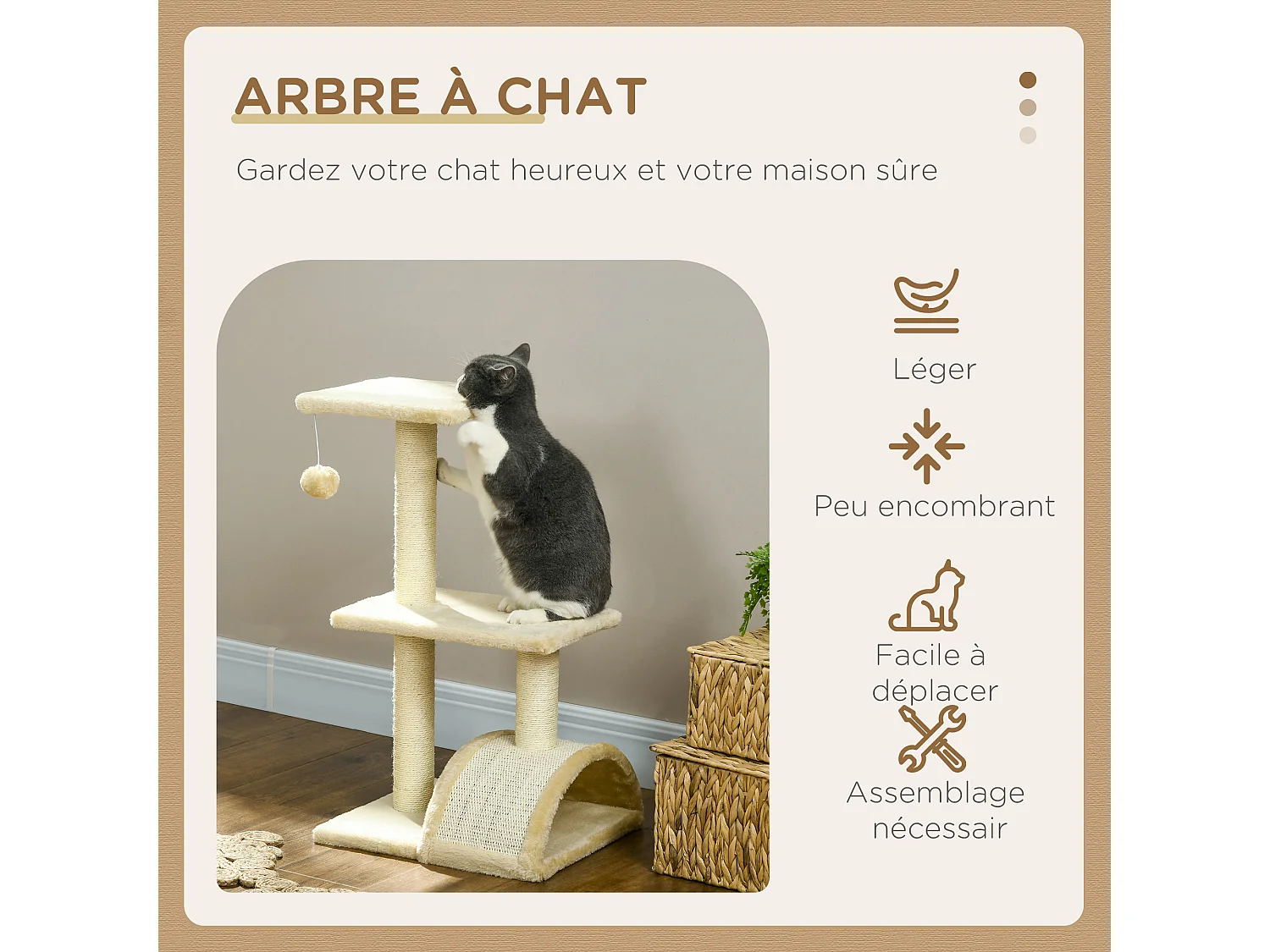 Arbre à chat griffoir grattoir design jeu boule suspendue 2 plateformes peluche sisal naturel crème