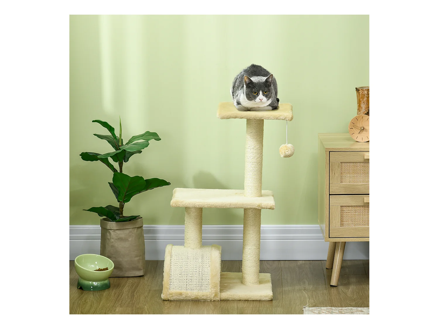Arbre à chat griffoir grattoir design jeu boule suspendue 2 plateformes peluche sisal naturel crème