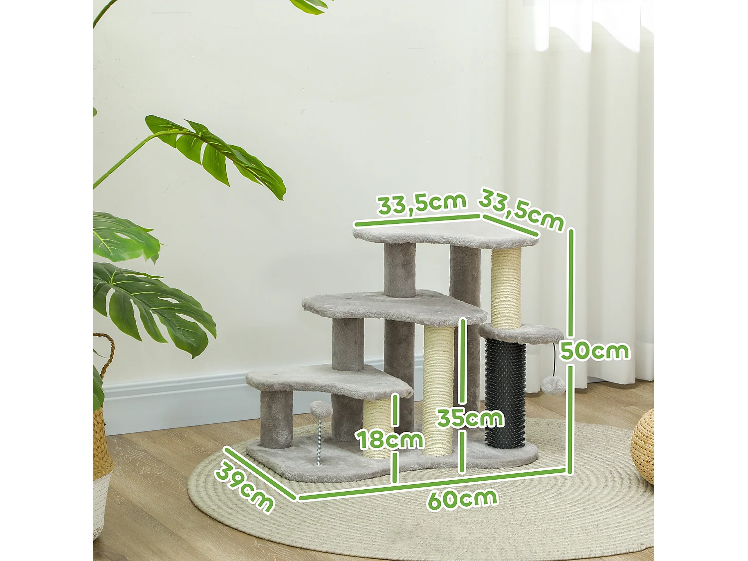 Arbre à chat 3 marches 3 griffoirs bande massante 2 jeux boules peluche gris clair