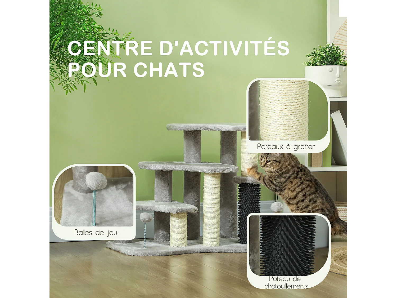 Arbre à chat 3 marches 3 griffoirs bande massante 2 jeux boules peluche gris clair