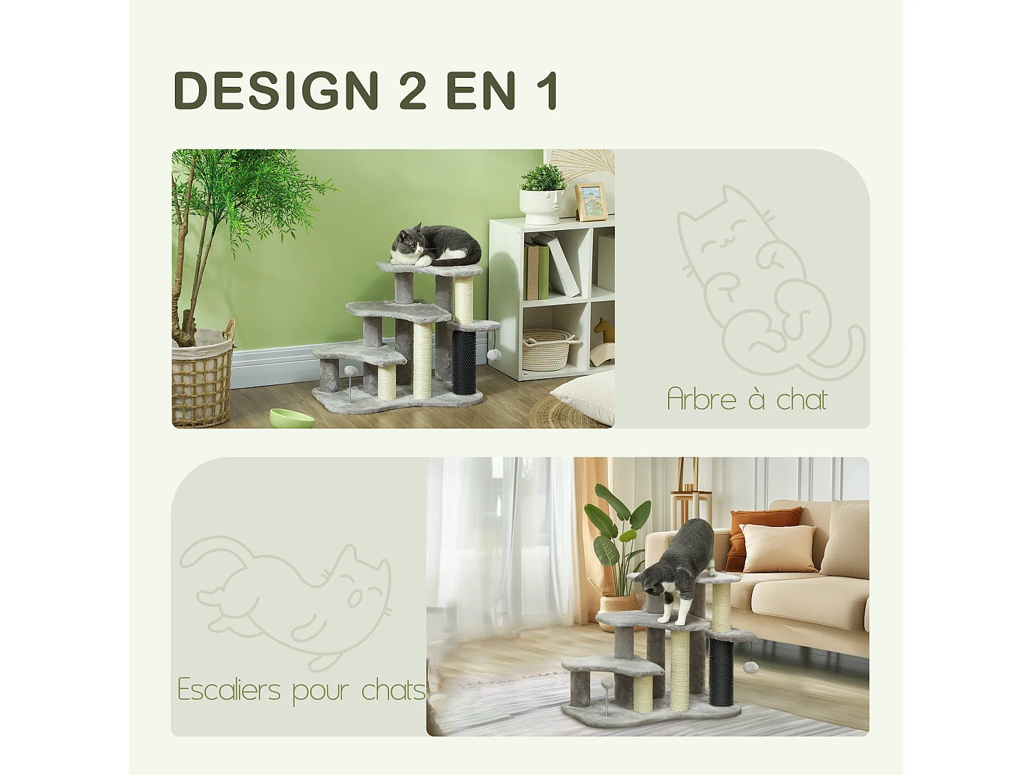 Arbre à chat 3 marches 3 griffoirs bande massante 2 jeux boules peluche gris clair