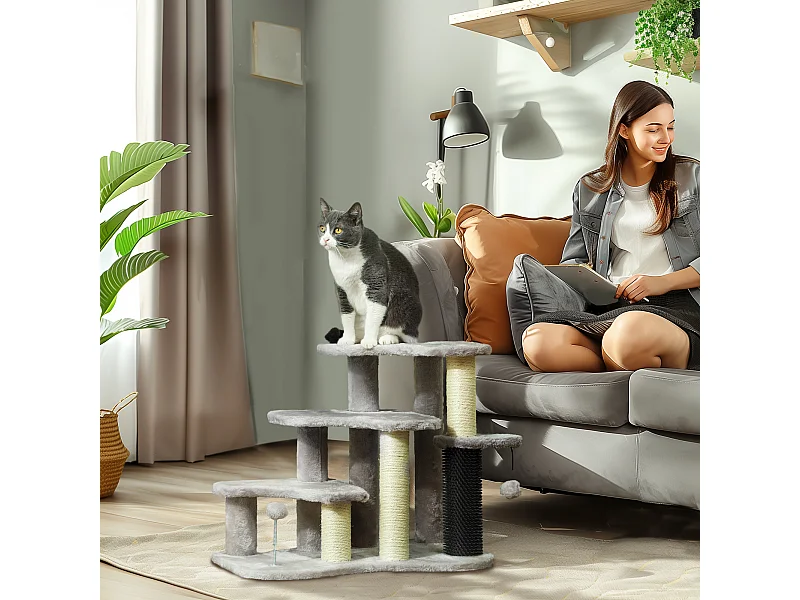 Arbre à chat 3 marches 3 griffoirs bande massante 2 jeux boules peluche gris clair