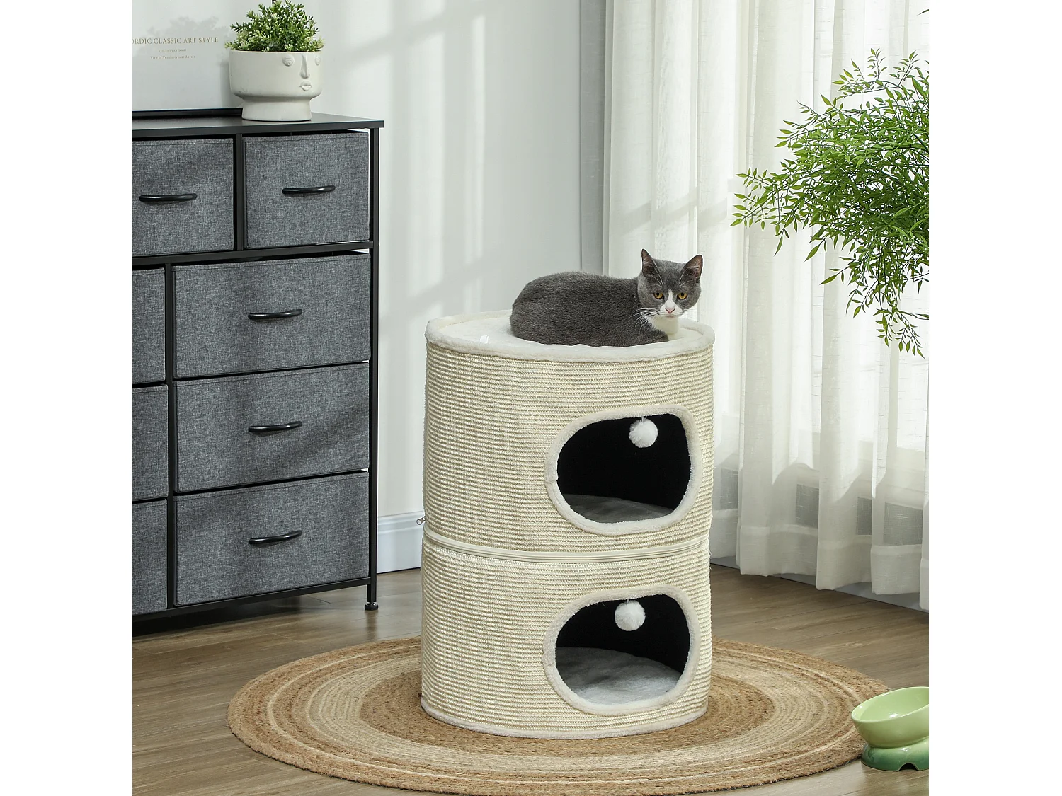 Tour pour chat modulable zippée 3 parties - tonneau griffoir chat 2 pompons - sisal naturel peluche crème