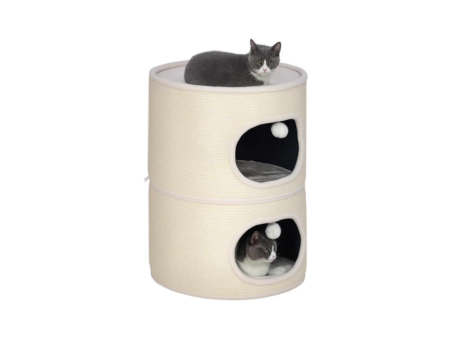Tour pour chat modulable zippée 3 parties - tonneau griffoir chat 2 pompons - sisal naturel peluche crème