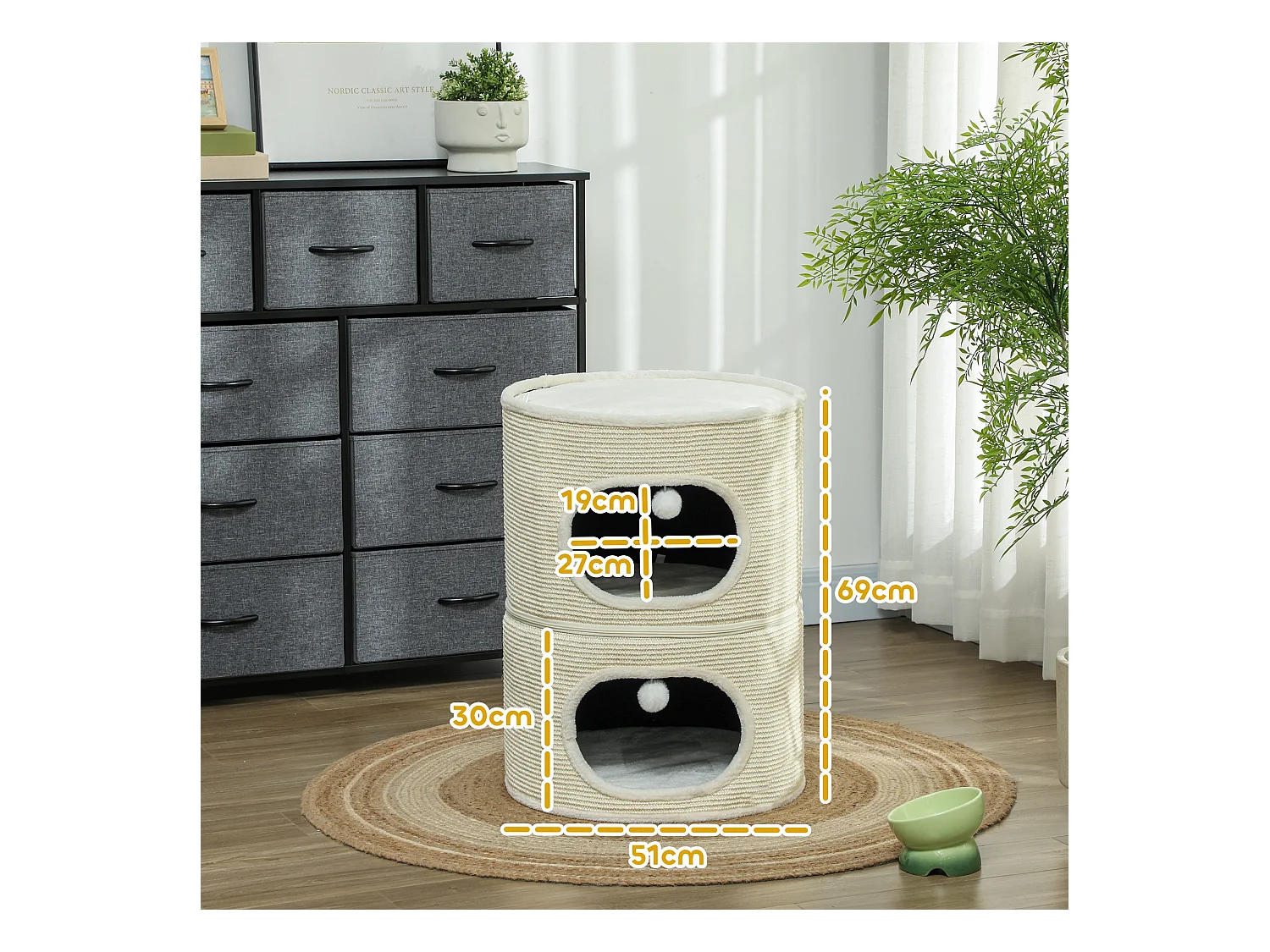 Tour pour chat modulable zippée 3 parties - tonneau griffoir chat 2 pompons - sisal naturel peluche crème