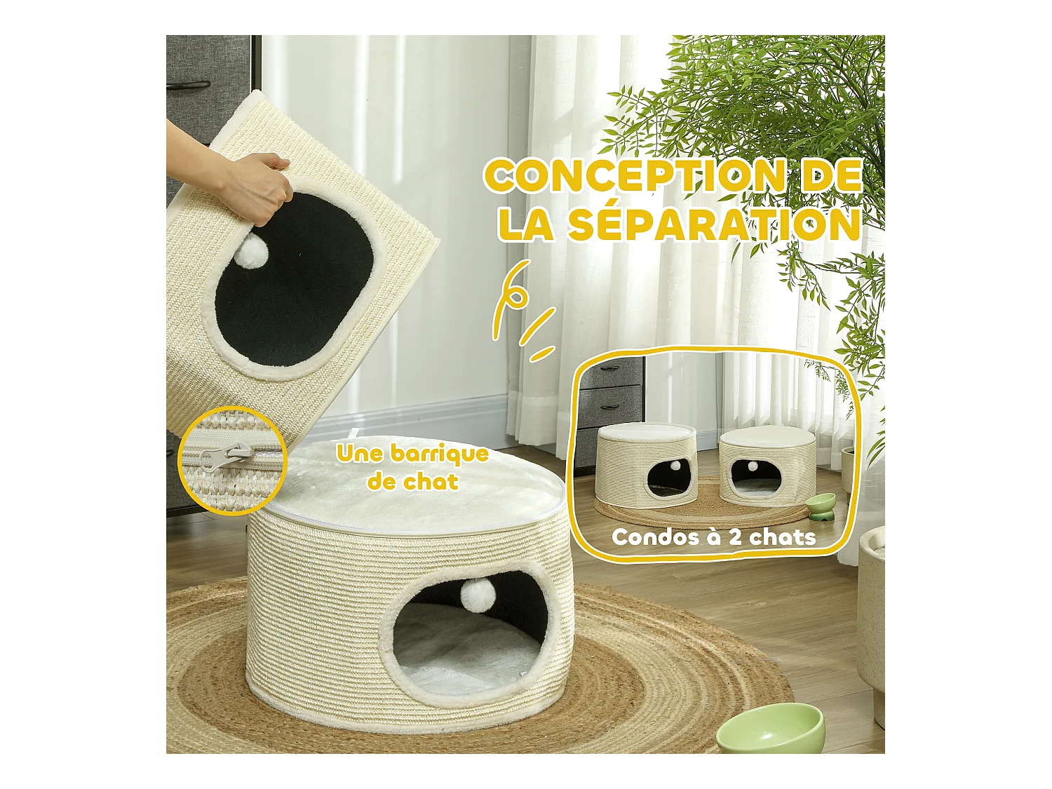Tour pour chat modulable zippée 3 parties - tonneau griffoir chat 2 pompons - sisal naturel peluche crème