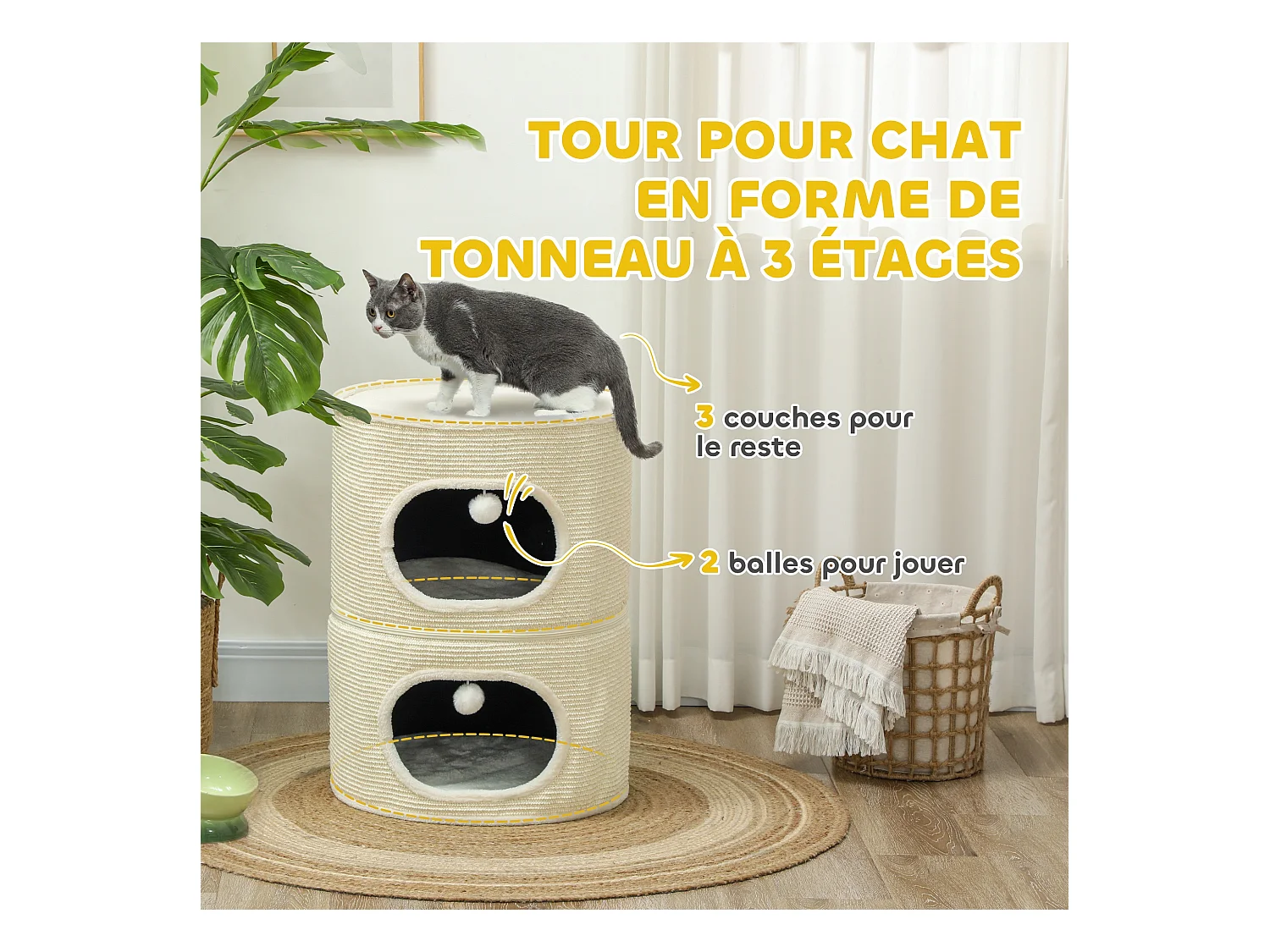 Tour pour chat modulable zippée 3 parties - tonneau griffoir chat 2 pompons - sisal naturel peluche crème