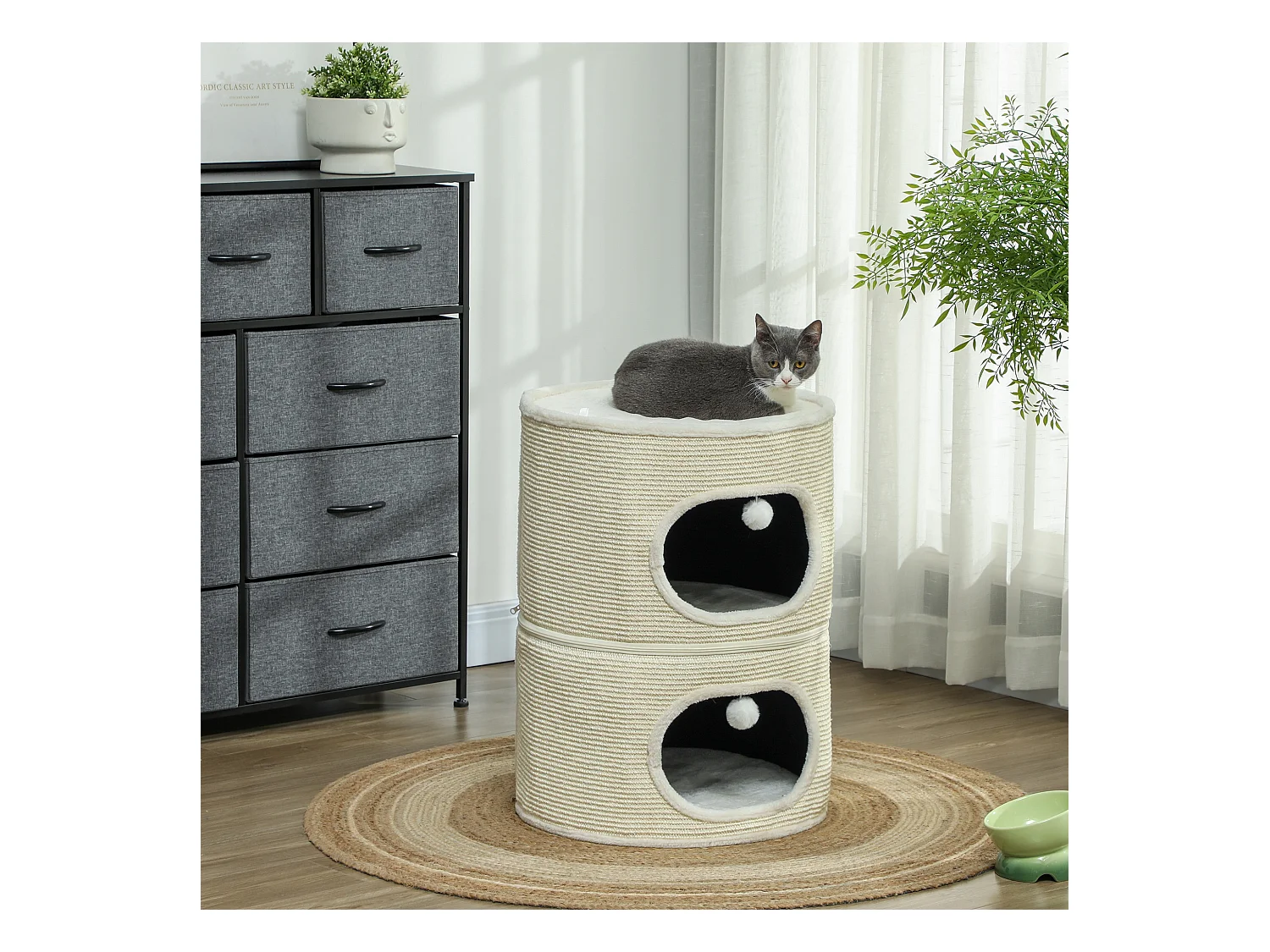 Tour pour chat modulable zippée 3 parties - tonneau griffoir chat 2 pompons - sisal naturel peluche crème