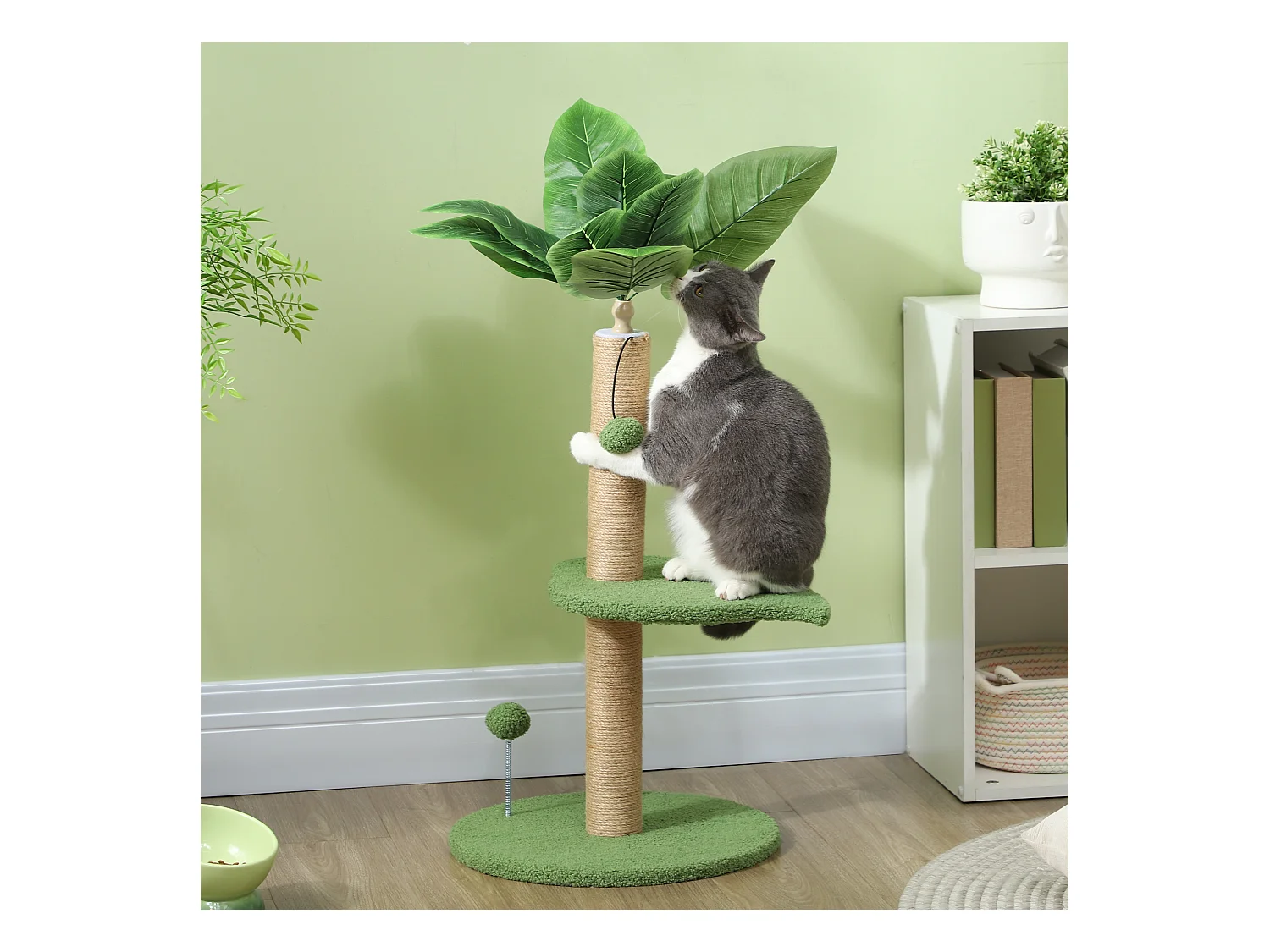 Arbre à chat design tropical - plateforme, griffoir, 2 jeux boules - beige vert