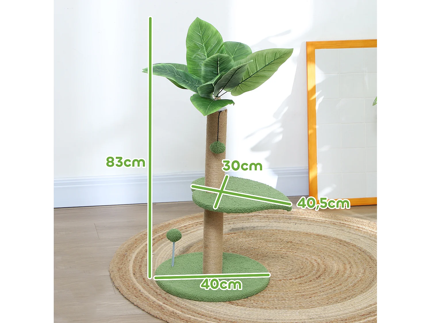 Arbre à chat design tropical - plateforme, griffoir, 2 jeux boules - beige vert