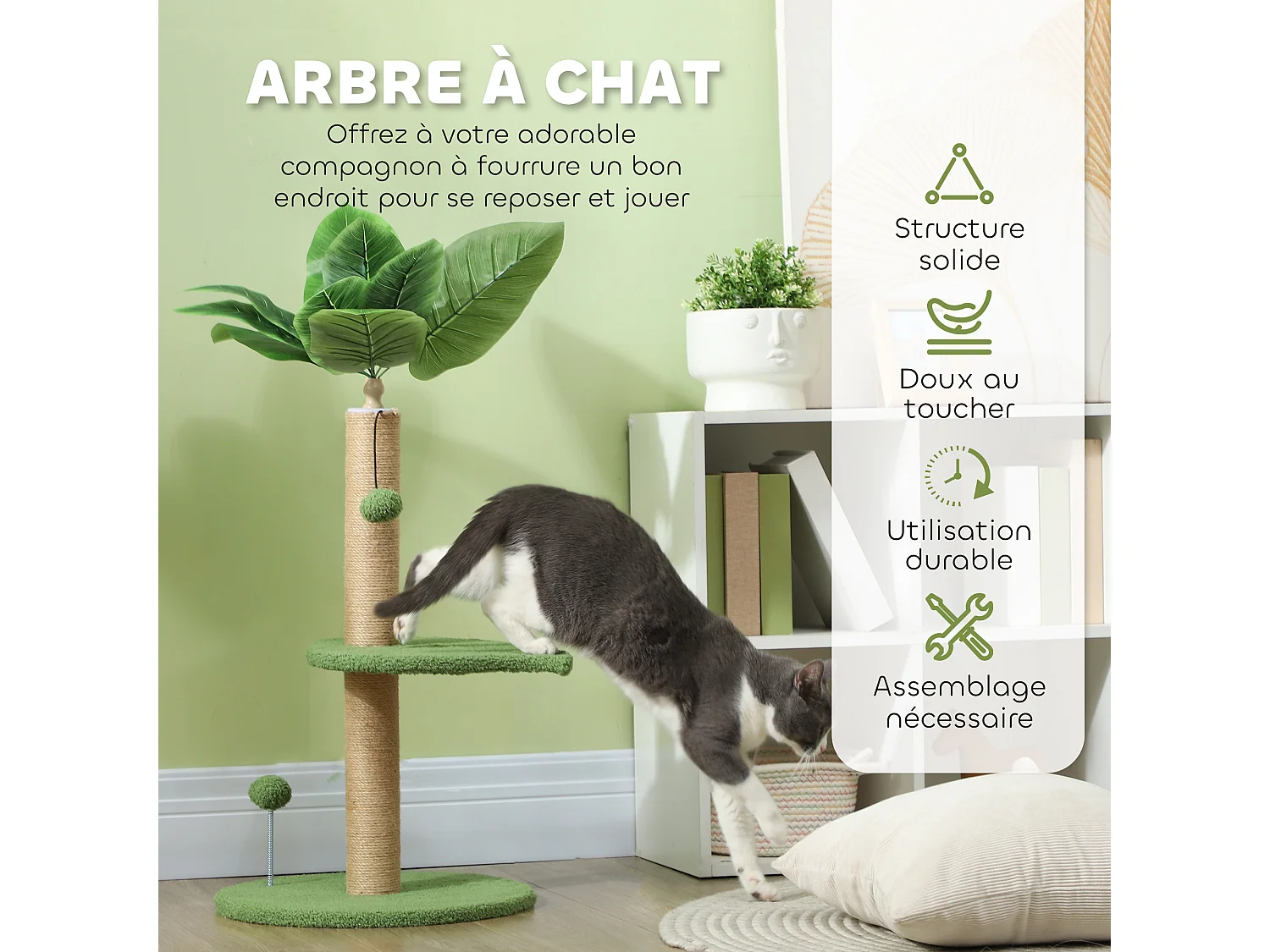 Arbre à chat design tropical - plateforme, griffoir, 2 jeux boules - beige vert