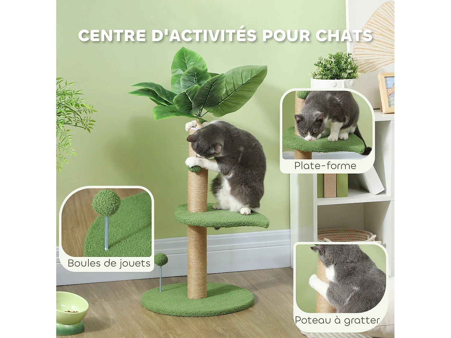 Arbre à chat design tropical - plateforme, griffoir, 2 jeux boules - beige vert