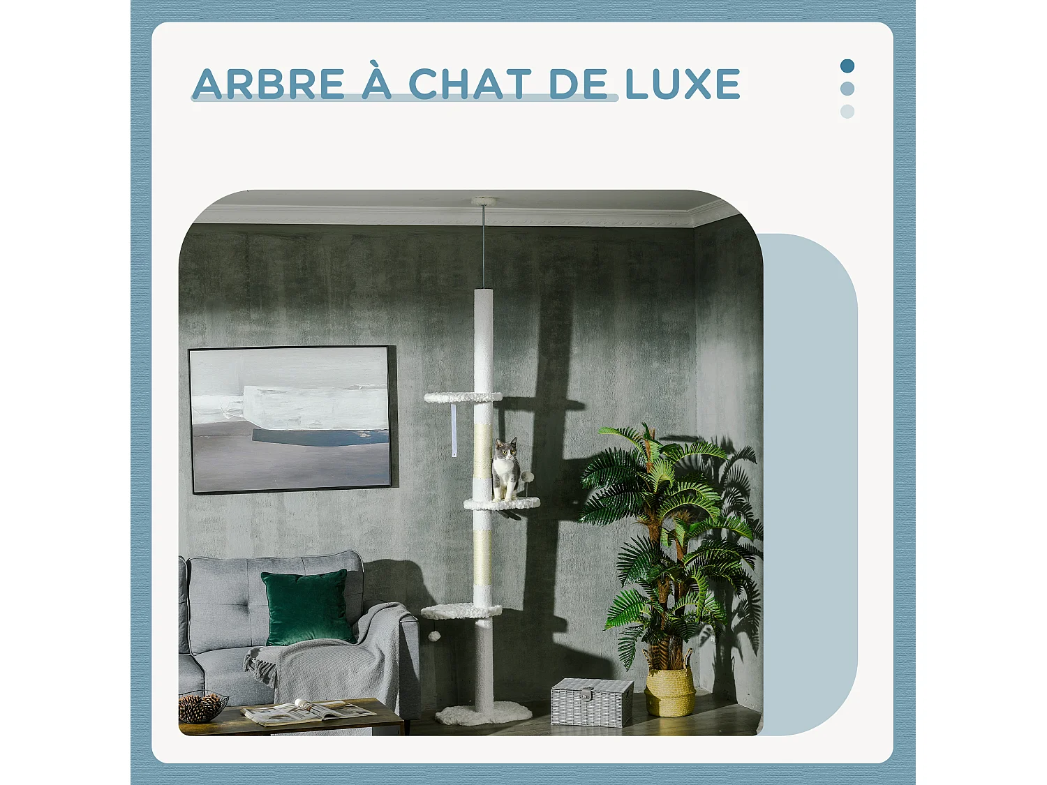 Arbre à chat réglable en hauteur 225-255 cm - tour pour chat 3 griffoirs nuages, 2 balles - blanc