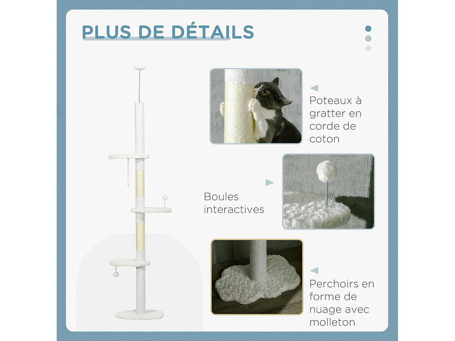Arbre à chat réglable en hauteur 225-255 cm - tour pour chat 3 griffoirs nuages, 2 balles - blanc