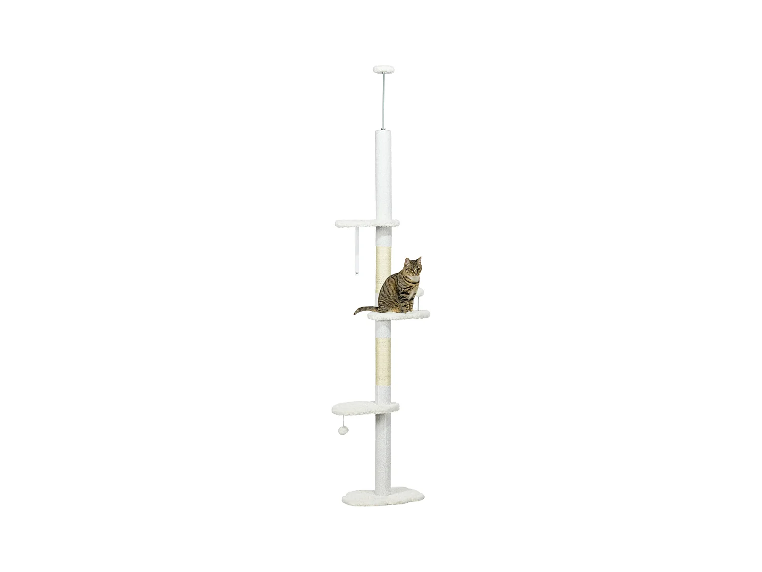 Arbre à chat réglable en hauteur 225-255 cm - tour pour chat 3 griffoirs nuages, 2 balles - blanc