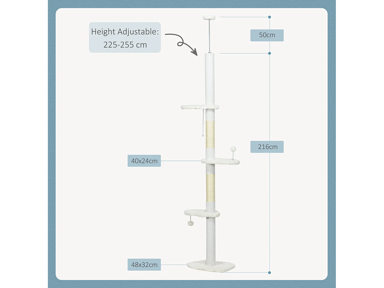 Arbre à chat réglable en hauteur 225-255 cm - tour pour chat 3 griffoirs nuages, 2 balles - blanc