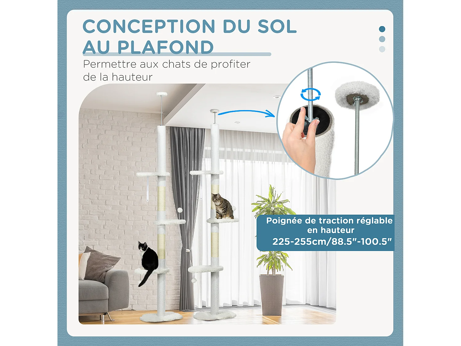 Arbre à chat réglable en hauteur 225-255 cm - tour pour chat 3 griffoirs nuages, 2 balles - blanc