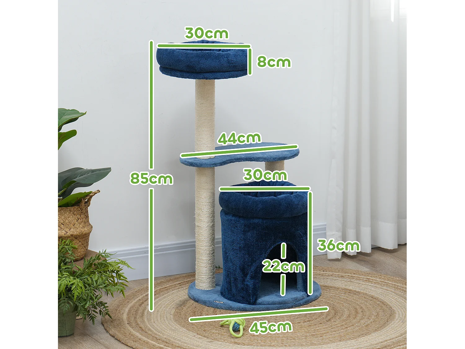 Arbre à chat design - niche, 2 plateformes, 2 coussins, griffoirs - peluche bleu roi