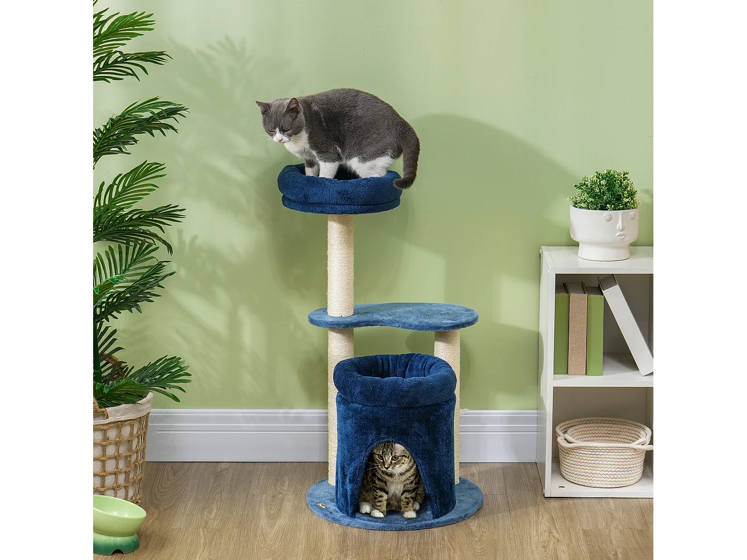 Arbre à chat design - niche, 2 plateformes, 2 coussins, griffoirs - peluche bleu roi