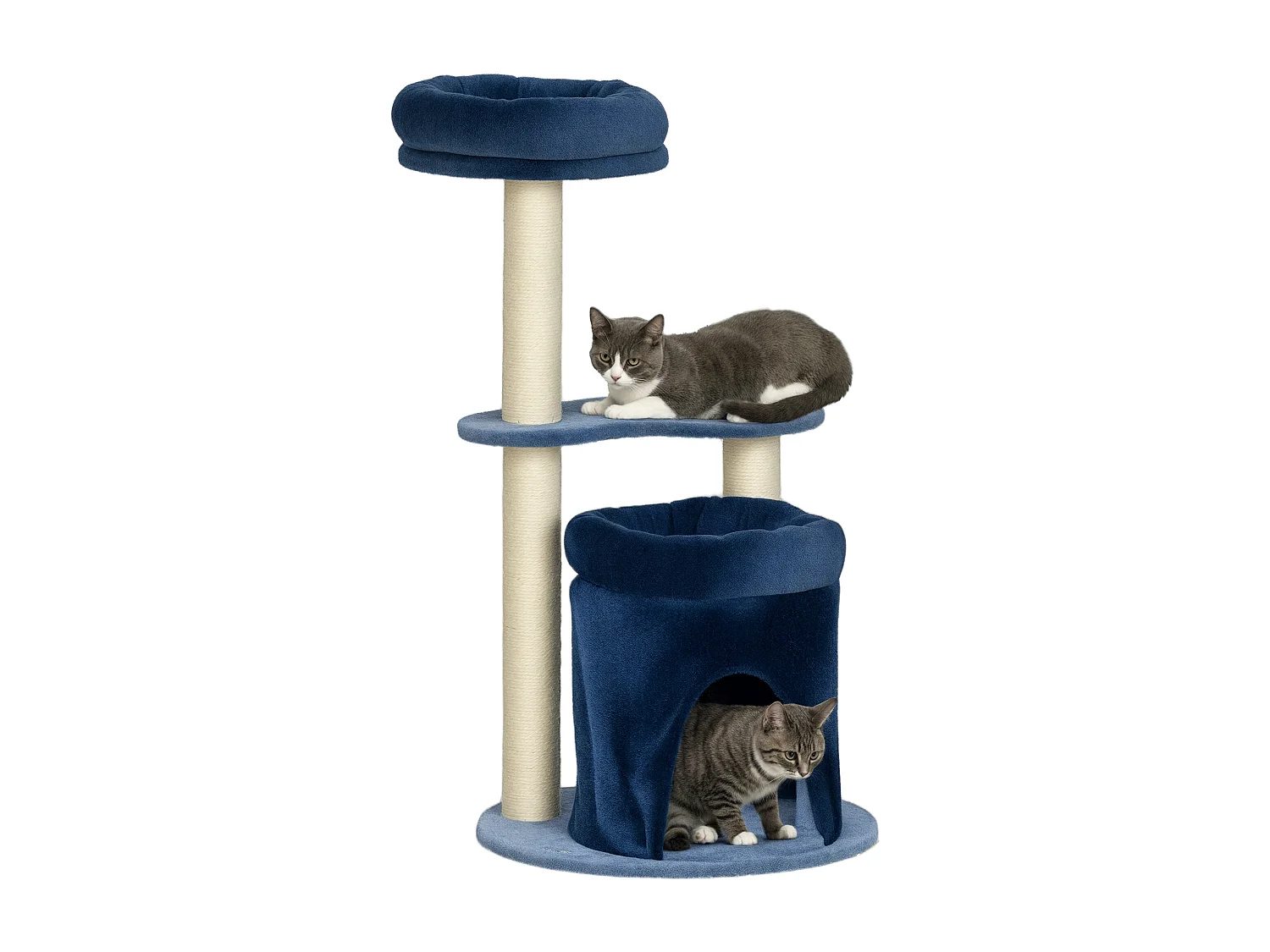 Arbre à chat design - niche, 2 plateformes, 2 coussins, griffoirs - peluche bleu roi