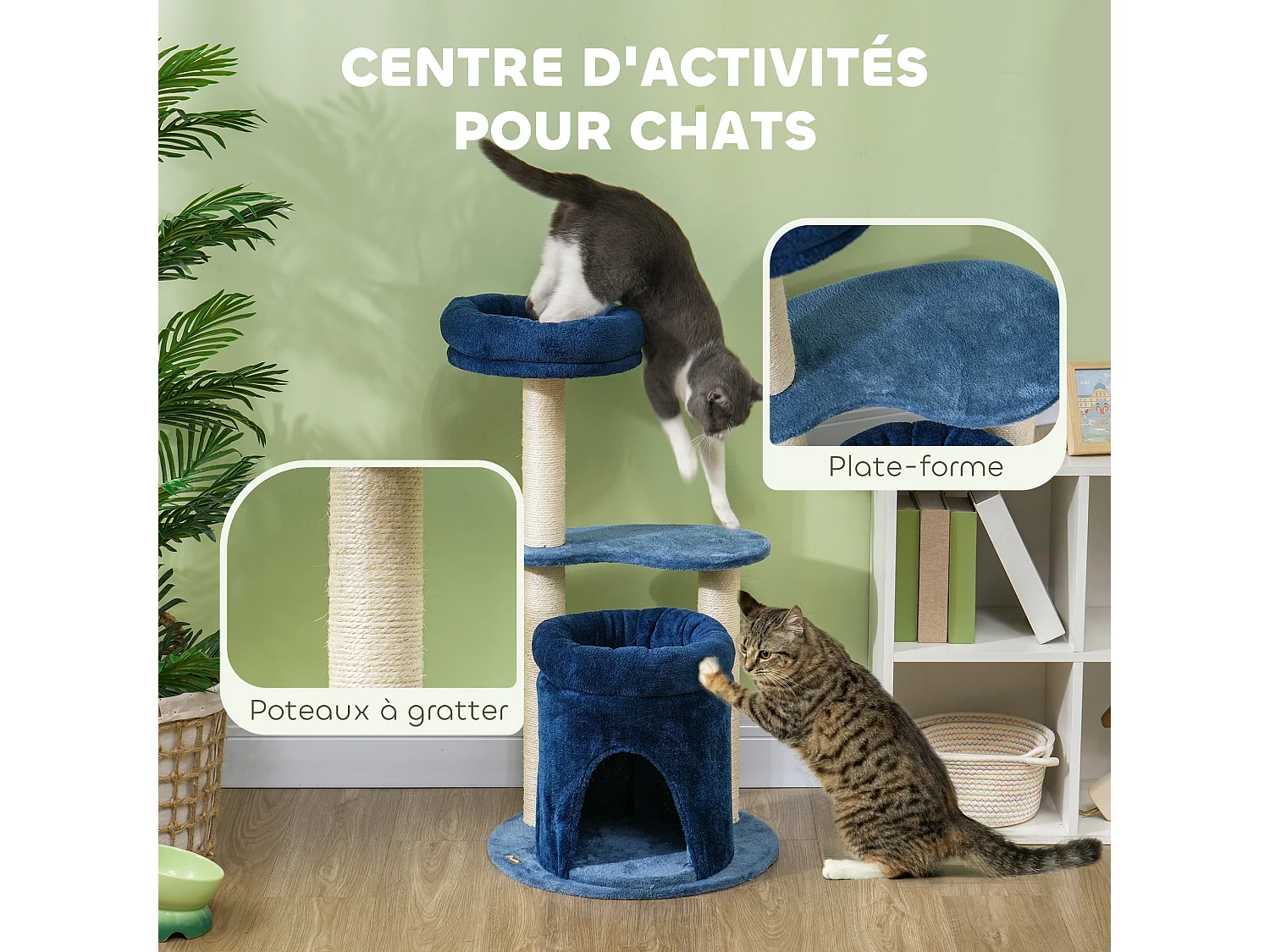 Arbre à chat design - niche, 2 plateformes, 2 coussins, griffoirs - peluche bleu roi