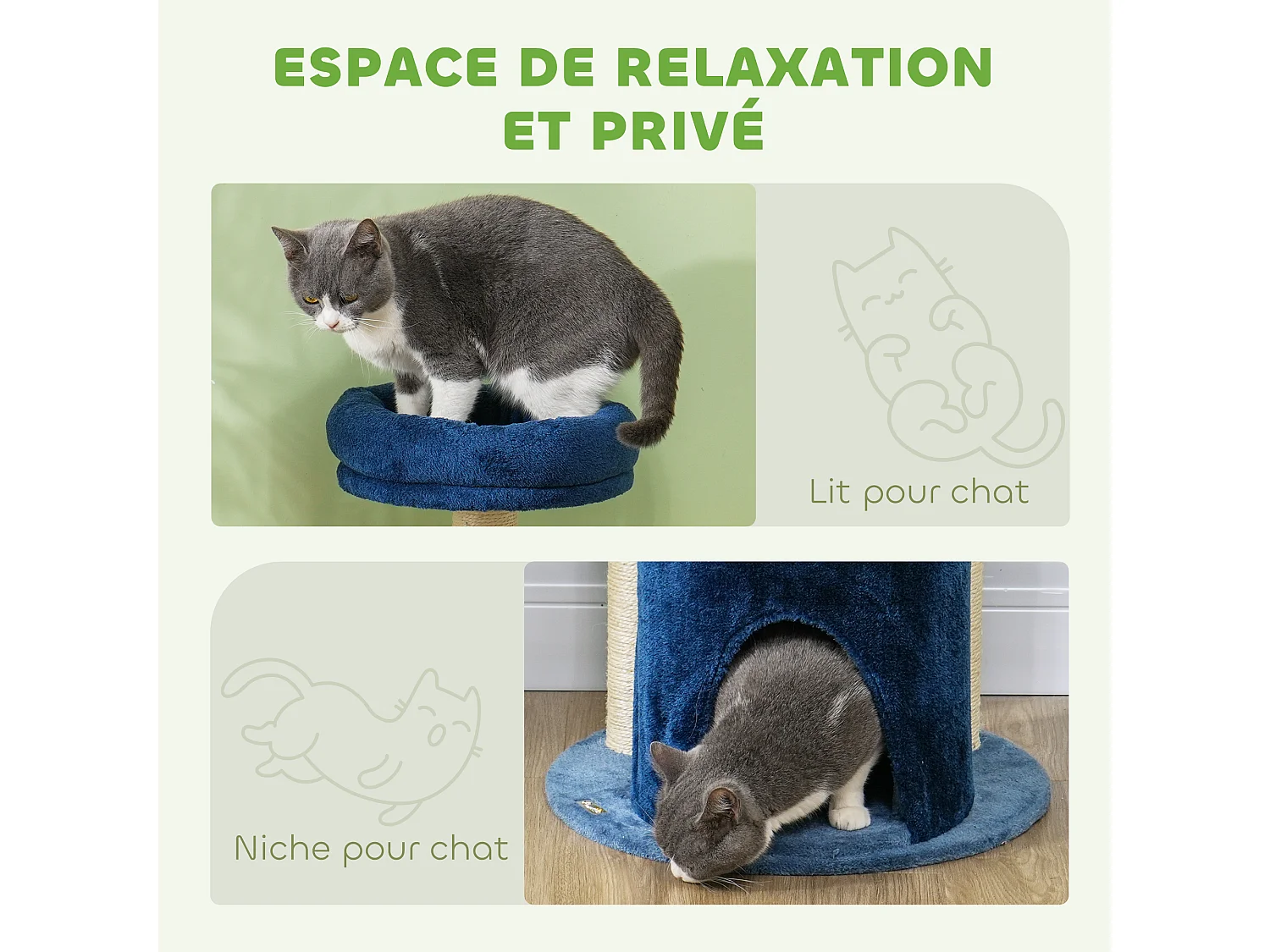 Arbre à chat design - niche, 2 plateformes, 2 coussins, griffoirs - peluche bleu roi