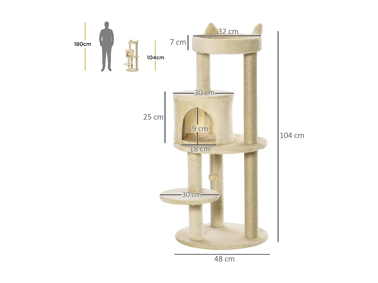 Arbre à chats multi-équipements griffoirs grattoirs plateformes niche jeu boule suspendue Ø 48 x 104H cm beige
