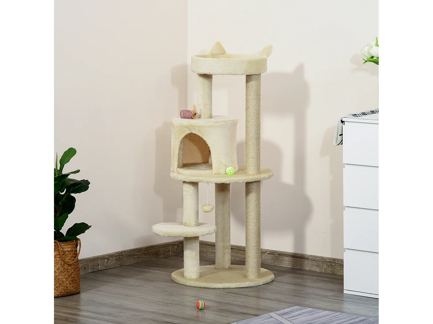 Arbre à chats multi-équipements griffoirs grattoirs plateformes niche jeu boule suspendue Ø 48 x 104H cm beige