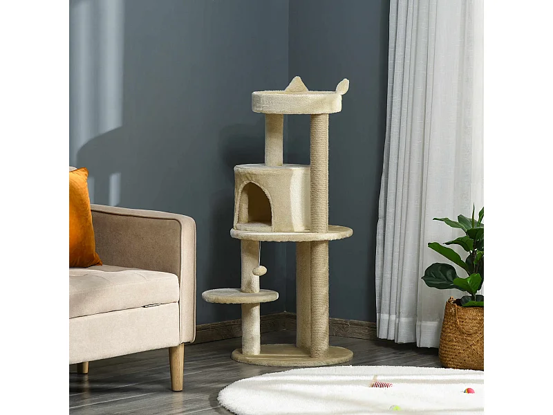 Arbre à chats multi-équipements griffoirs grattoirs plateformes niche jeu boule suspendue Ø 48 x 104H cm beige
