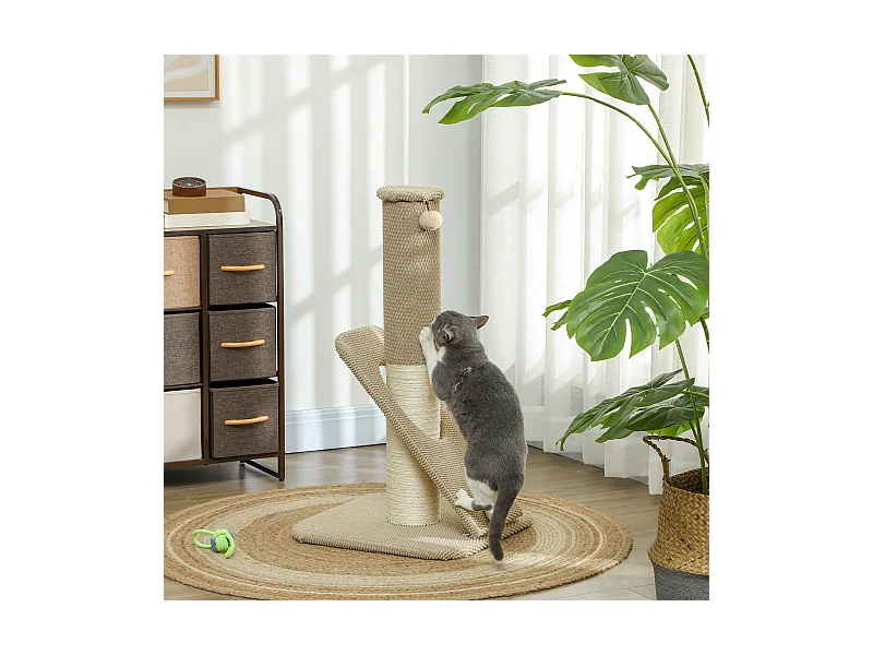 Griffoir chat taille M - Poteau à griffer H.84 cm, jeu boule - sisal naturel revêtement patchwork grain d'ananas beige